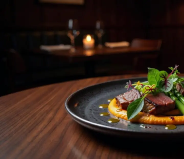 Chef's signature dish beautifully plated on a dark table