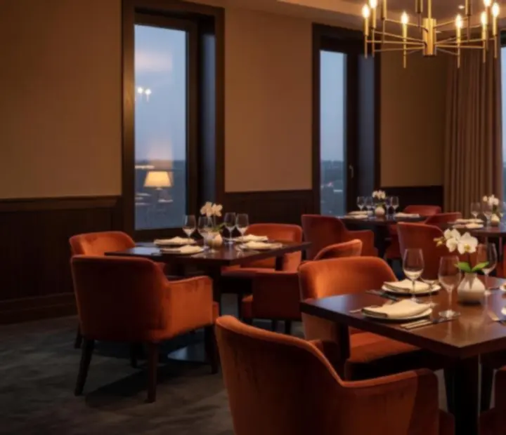 Elegant candlelit dining room with plush seating and warm lighting