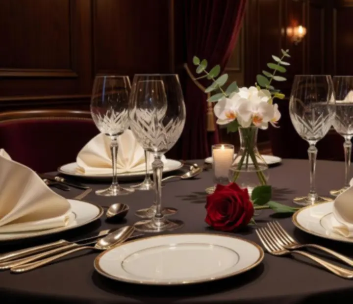 Warmly lit fine dining interior with elegant table settings