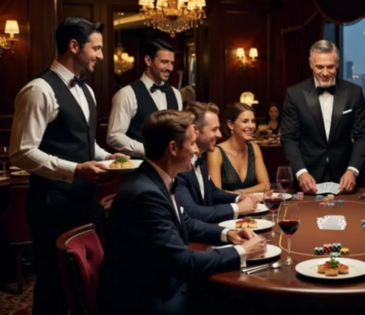 Guests enjoying an elegant evening with fine dining and social games