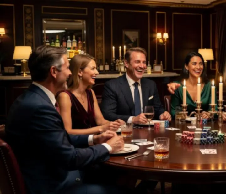Guests enjoying a hosted poker evening with fine dining