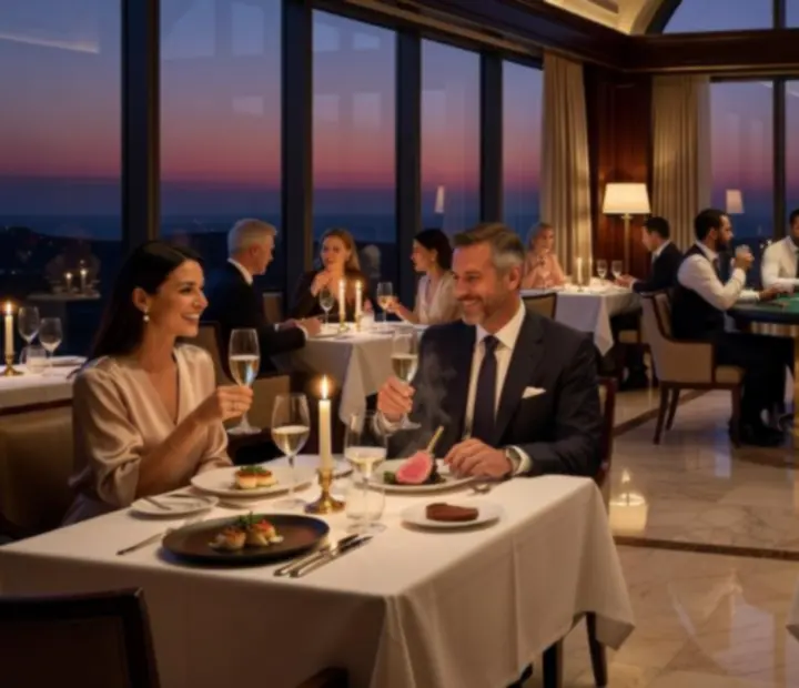 Candlelit fine dining table beside an elegant poker setup