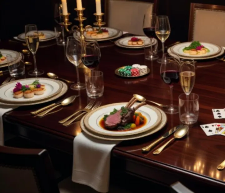 Fine dining dishes served alongside a poker table