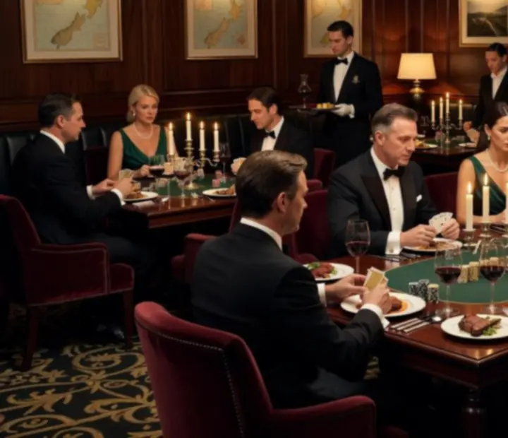 An elegant poker table setup beside candlelit dining settings at Tablee And Grill.