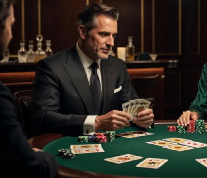 A candlelit poker table surrounded by guests sharing a relaxed evening.