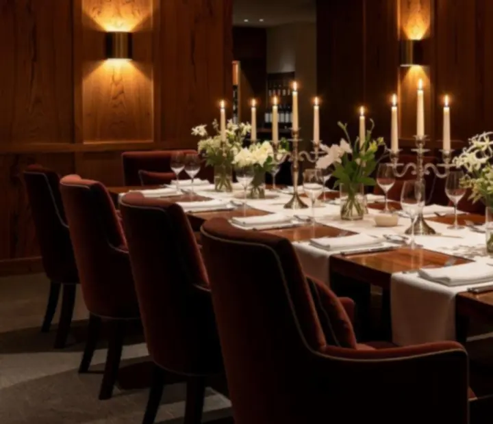 Private dining room at Tablee And Grill with candlelit tables and plush seating