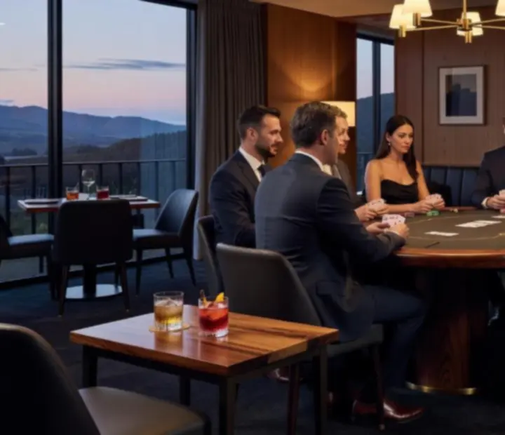 Private poker night with guests seated around a refined poker table