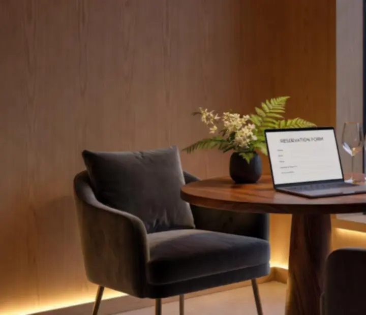 Softly lit table setting beside an online reservation form on a tablet.