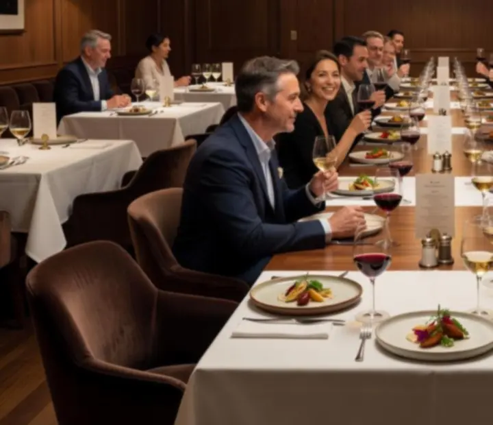 An intimate dining room prepared for a seasonal tasting event with candlelight and plated dishes.