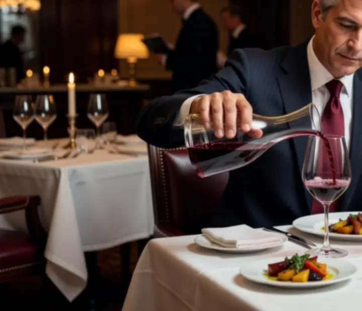 Sommelier pouring red wine into a glass at Tablee And Grill