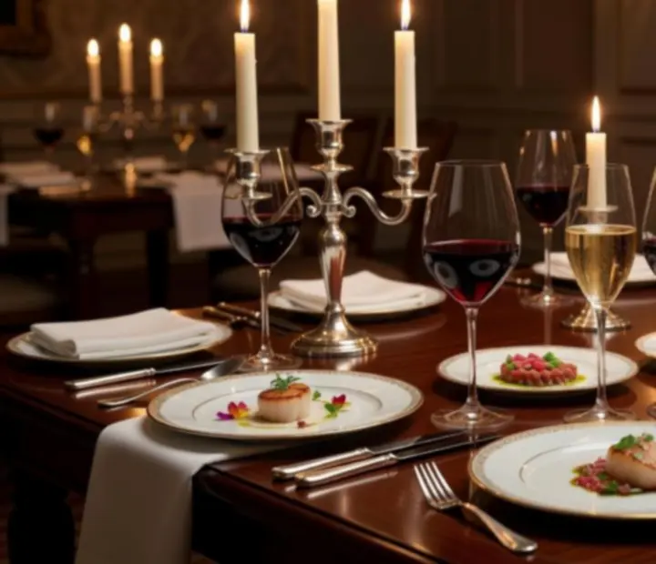 Candlelit degustation table with multiple courses and wine glasses