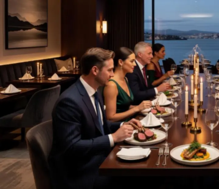 Guests enjoying a refined dining experience at a candlelit table.