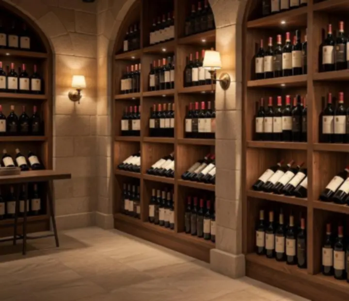 Dimly lit wine cellar display with premium bottles at Tablee And Grill
